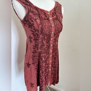 Choices Embroidered Rust Tea-Length Button Bohemia Dress Size Small
